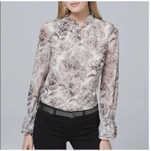 NWT WHBM Ecru & Black Floral Vignette Ruffle-Trim Long-Sleeve Top